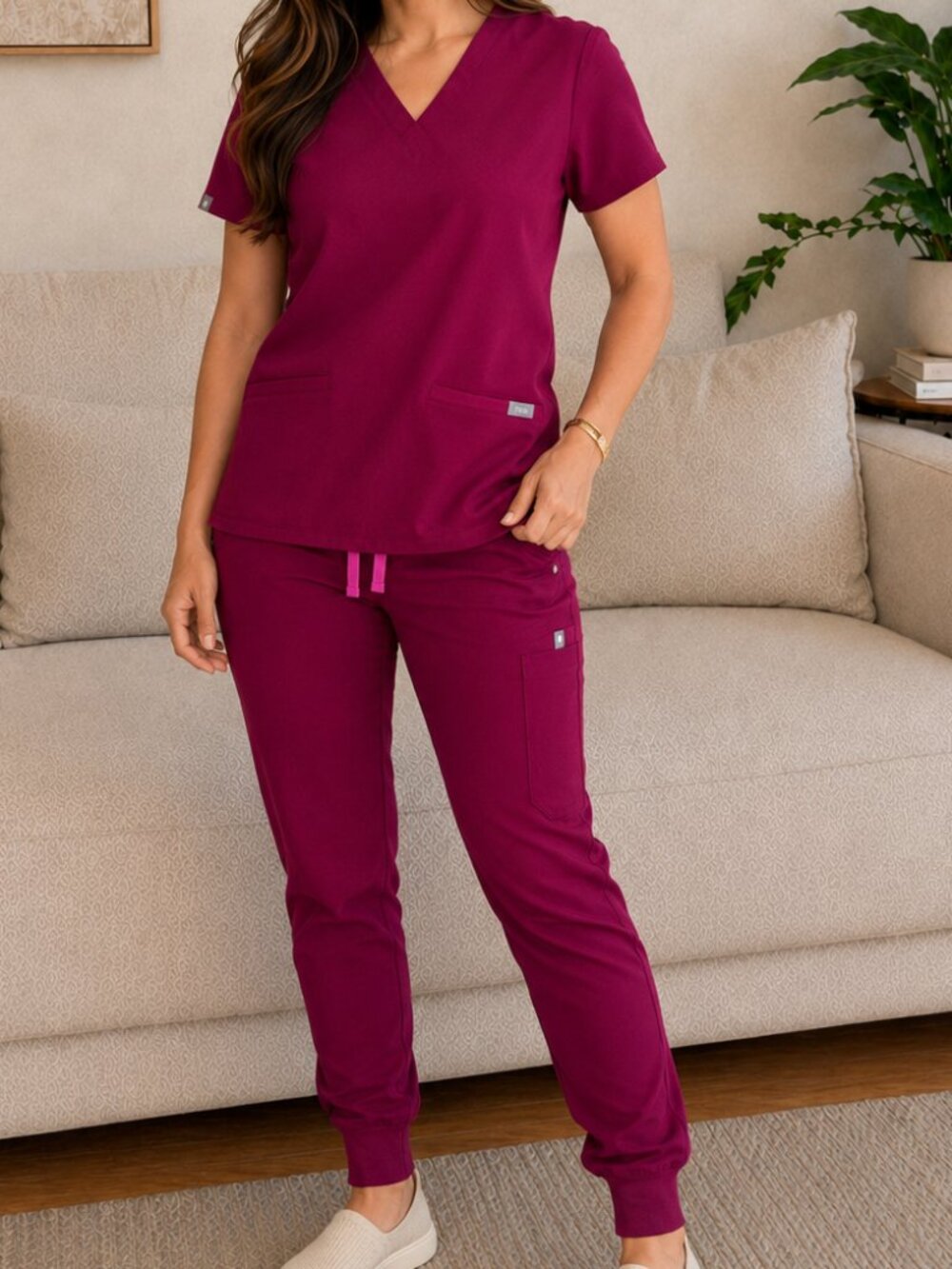 FIGS Dark Magenta Casma Scrub Top XXS + Cambridge Slim Jogger Pants XXS Petite